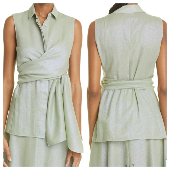 AKRIS PUNTO Mint Metallic Cotton Blend Wrap Top